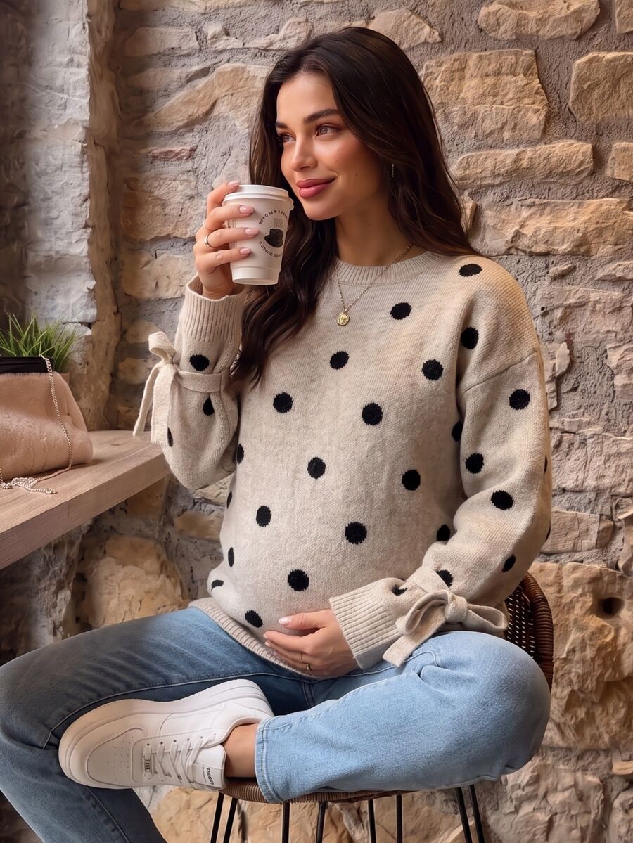 SHEIN كنزة كاجوال للحوامل بنقاط بولكا وربطة أمامية، خريف/شتاء - بني - مشاهدة 1