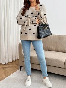 SHEIN كنزة كاجوال للحوامل بنقاط بولكا وربطة أمامية، خريف/شتاء - بني - مشاهدة 8