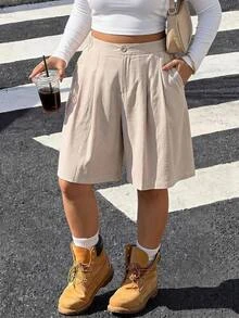 SHEIN CURVE+ Plus Size Summer Casual Solid Color Wide Leg Shorts - Coffee Brown - View 2
