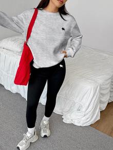 SHEIN EZwear 休閒極簡風寬鬆圓領衛衣與修身緊身褲 2 件套，適合秋冬穿著 - 彩色 - 查看 6