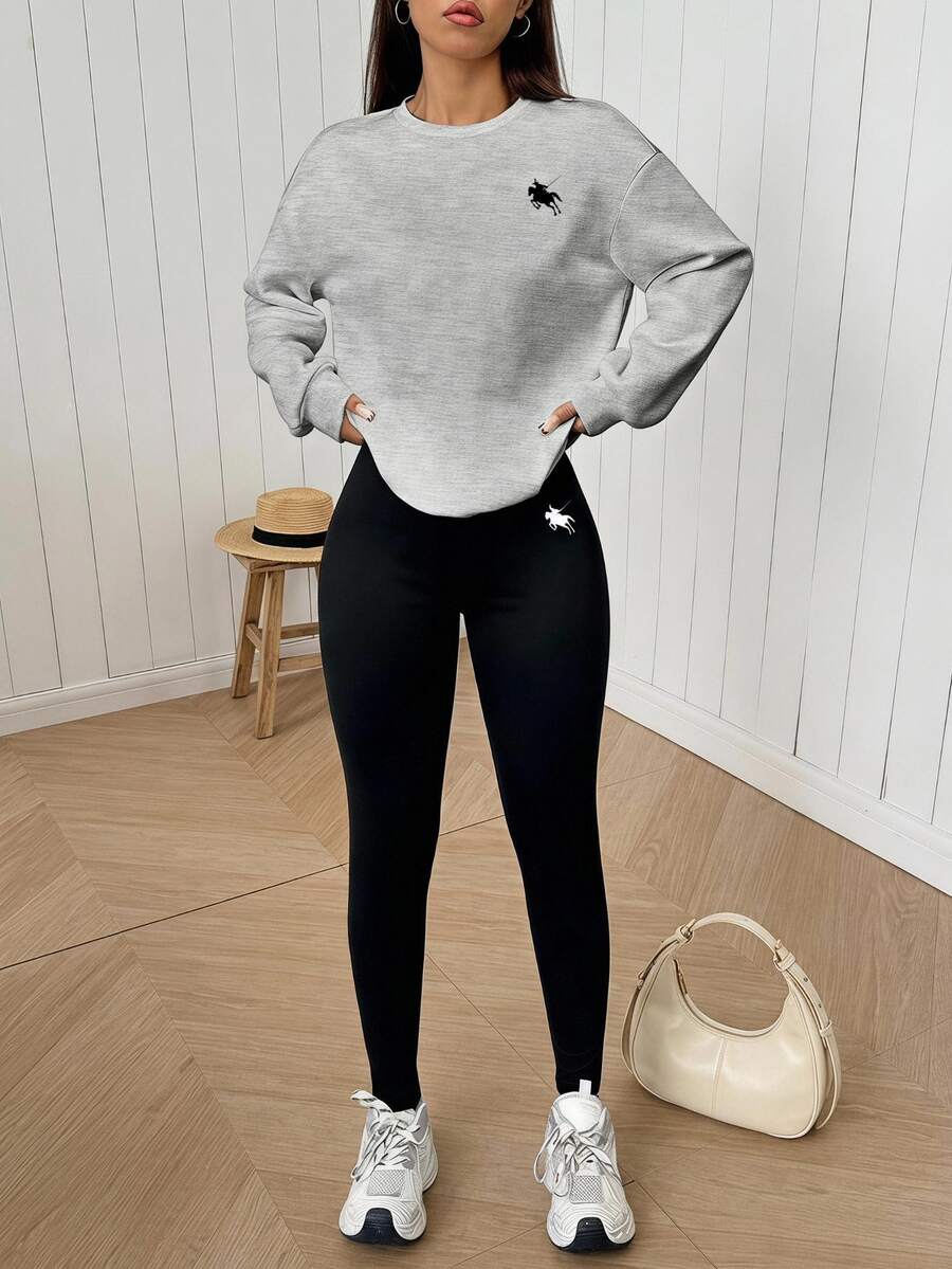 SHEIN EZwear 休閒極簡風寬鬆圓領衛衣與修身緊身褲 2 件套,適合秋冬穿著 - 彩色 - 查看 1