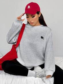 SHEIN EZwear 休閒極簡風寬鬆圓領衛衣與修身緊身褲 2 件套，適合秋冬穿著 - 彩色 - 查看 4
