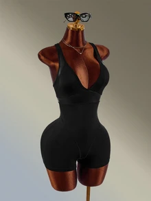 Amplova Solid Color Backless Sports Romper High-Elasticity Breathable Coated Faux Leather Patchwork Sexy Backless Gym Running Fitness Going Out Deep V - Black - View 2