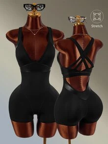 Amplova Solid Color Backless Sports Romper High-Elasticity Breathable Coated Faux Leather Patchwork Sexy Backless Gym Running Fitness Going Out Deep V - Black - View 7