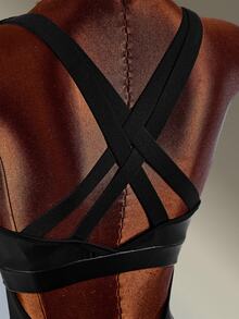 Amplova Solid Color Backless Sports Romper High-Elasticity Breathable Coated Faux Leather Patchwork Sexy Backless Gym Running Fitness Going Out Deep V - Black - View 8