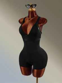 Amplova Solid Color Backless Sports Romper High-Elasticity Breathable Coated Faux Leather Patchwork Sexy Backless Gym Running Fitness Going Out Deep V - Black - View 6