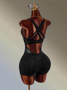 Amplova Solid Color Backless Sports Romper High-Elasticity Breathable Coated Faux Leather Patchwork Sexy Backless Gym Running Fitness Going Out Deep V - Black - View 1