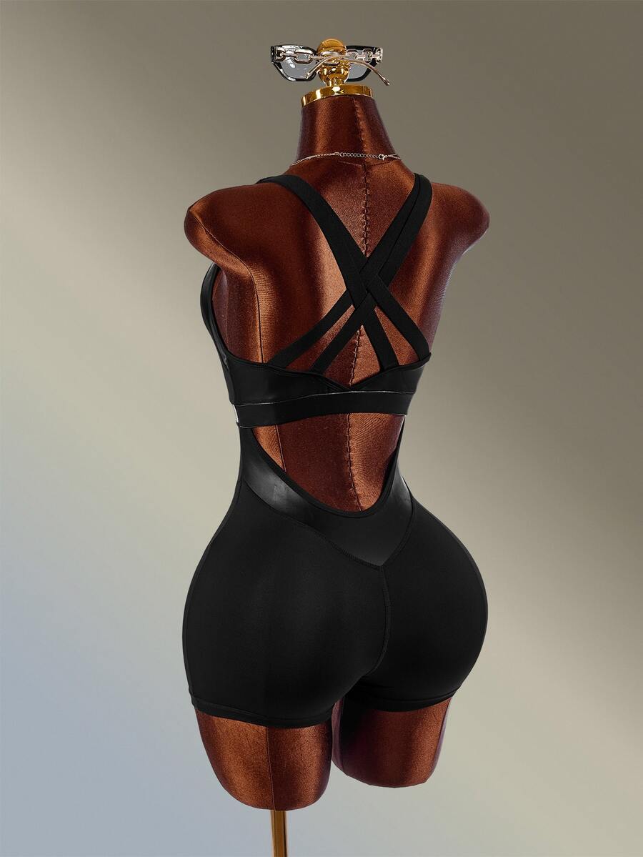 Amplova Solid Color Backless Sports Romper High-Elasticity Breathable Coated Faux Leather Patchwork Sexy Backless Gym Running Fitness Going Out Deep V - Black - View 1