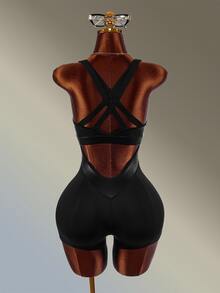 Amplova Solid Color Backless Sports Romper High-Elasticity Breathable Coated Faux Leather Patchwork Sexy Backless Gym Running Fitness Going Out Deep V - Black - View 3
