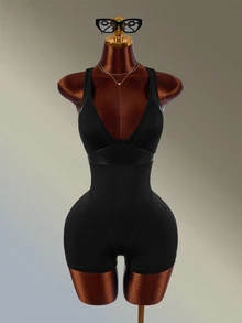 Amplova Solid Color Backless Sports Romper High-Elasticity Breathable Coated Faux Leather Patchwork Sexy Backless Gym Running Fitness Going Out Deep V - Black - View 5