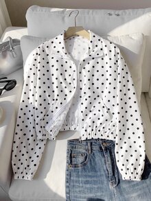 SHEIN Teen Girls Autumn Casual Polka Dot Print Jacket - Black and White - View 3