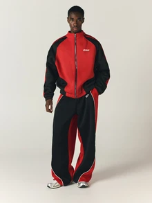 SUMWON Wide Leg Color Block Track Pants With Contrast Piping Detail Drawstring Waist And Logo Embroidery Retro Streetwear Style - Red - View 3