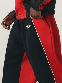 SUMWON Wide Leg Color Block Track Pants With Contrast Piping Detail Drawstring Waist And Logo Embroidery Retro Streetwear Style - Red - View 4