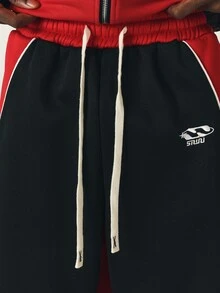 SUMWON Wide Leg Color Block Track Pants With Contrast Piping Detail Drawstring Waist And Logo Embroidery Retro Streetwear Style - Red - View 2