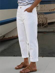 SHEIN Tall Women's Solid Color Waist Button Pocket Versatile Jeans Daily All White Summer Casual, Tall Women - White - View 6