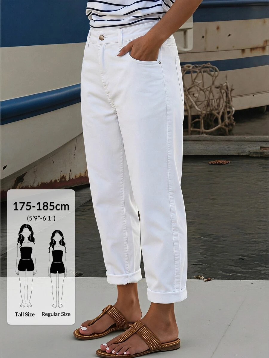 SHEIN Tall Women's Solid Color Waist Button Pocket Versatile Jeans Daily All White Summer Casual, Tall Women - White - View 1