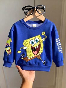 SpongeBob SquarePants | SHEIN 男嬰卡通印花休閒運動衫，秋季百搭 - 藍色 - 查看 7