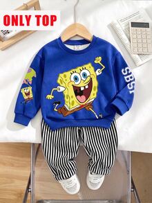 SpongeBob SquarePants | SHEIN 男嬰卡通印花休閒運動衫，秋季百搭 - 藍色 - 查看 5