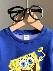 SpongeBob SquarePants | SHEIN 男嬰卡通印花休閒運動衫，秋季百搭 - 藍色 - 查看 4