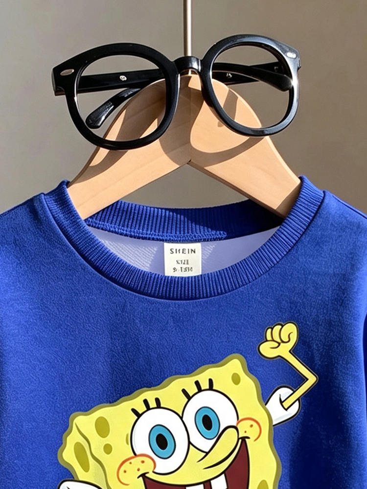 SpongeBob SquarePants | SHEIN Baby Boys Sweatshirt Casual Royal Blue Cartoon Letter Graphic Loose Long Sleeve Crewneck Rib-Knit Fall Back To School Cute Tops - Blue - View 4