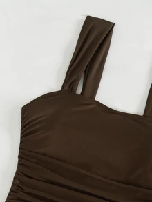 Swim Basics Springbreak Women's Solid Color Ruched Strap Minimalist One-Piece Swimsuit, Festival Boho - Coffee Brown - View 4