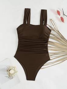 Swim Basics Springbreak Women's Solid Color Ruched Strap Minimalist One-Piece Swimsuit, Festival Boho - Coffee Brown - View 5