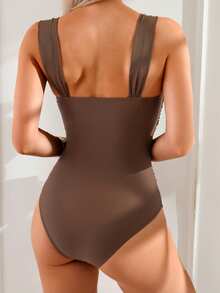 Swim Basics Springbreak Women's Solid Color Ruched Strap Minimalist One-Piece Swimsuit, Festival Boho - Coffee Brown - View 3