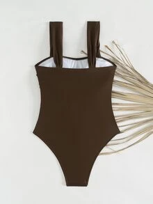 Swim Basics Springbreak Women's Solid Color Ruched Strap Minimalist One-Piece Swimsuit, Festival Boho - Coffee Brown - View 7