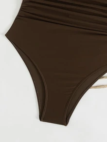 Swim Basics Springbreak Women's Solid Color Ruched Strap Minimalist One-Piece Swimsuit, Festival Boho - Coffee Brown - View 6