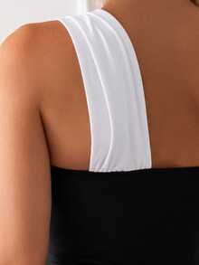 Costavie Baju Renang One-Piece Wanita Model Colorblock dengan Leher Asimetris, Model Sederhana untuk Sehari-hari, Musim Panas - Hitam dan Putih - View 4