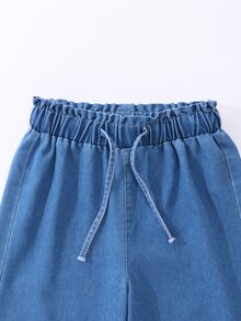 SHEIN 少女夏季复古休闲学院风百搭简约风牛仔裤，碎花松紧腰蓝色阔腿牛仔裤，宽松直筒版型，轻盈透气面料，抽绳设计，可搭配T恤、衬衫或针织衫日常穿着。 - 淺色水洗藍 - 查看 7