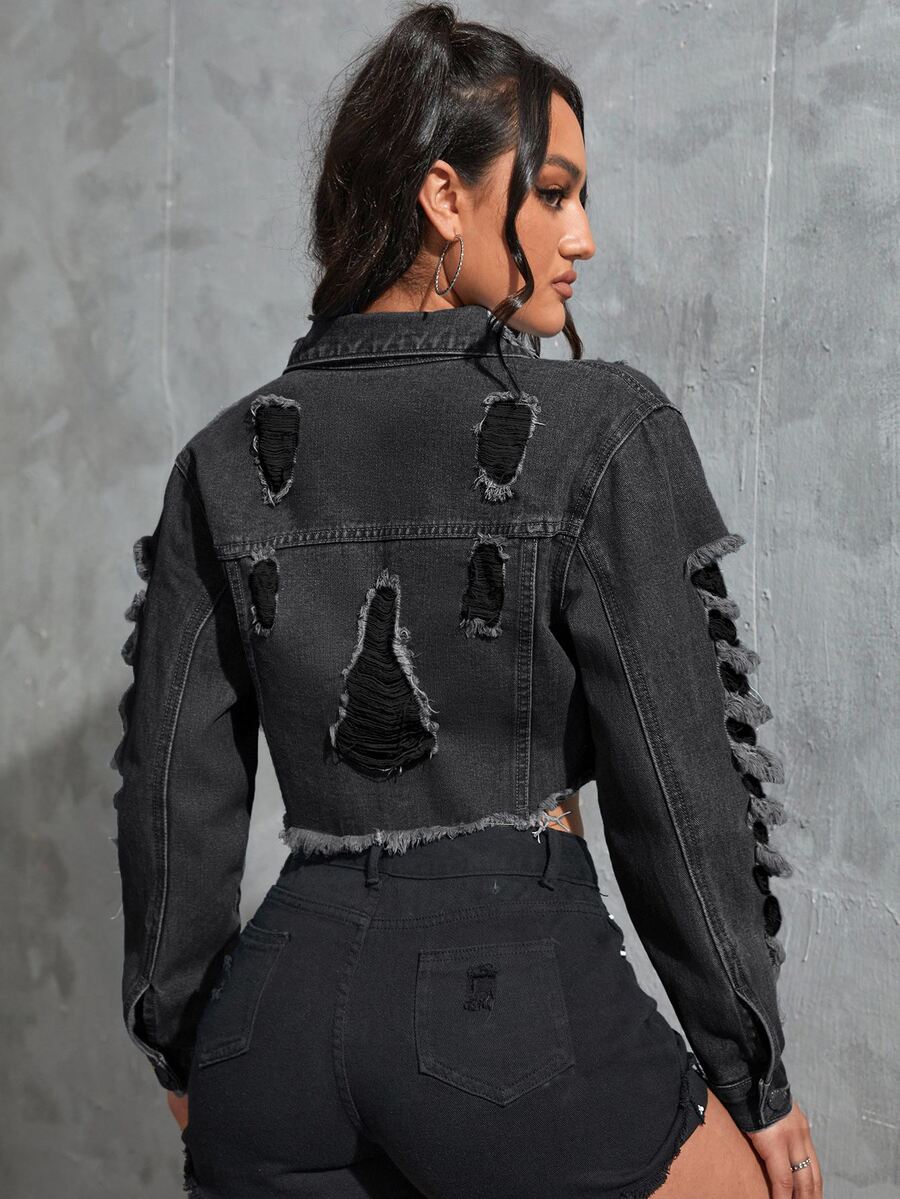SHEIN EZwear 女式长袖做旧磨边短款休闲牛仔夹克 - 深灰色 - 查看 1