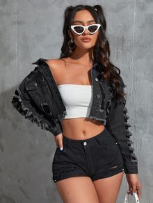 SHEIN EZwear 女式长袖做旧磨边短款休闲牛仔夹克 - 深灰色 - 查看 6