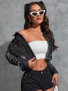 SHEIN EZwear 女式长袖做旧磨边短款休闲牛仔夹克 - 深灰色 - 查看 2
