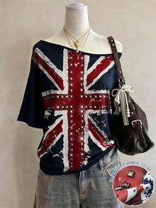 Lalippa Union Jack 印花鉚釘與珠飾裝飾時尚簡約女款圓領短袖T恤，送給朋友的禮物 - 藏蓝色 - 查看 1