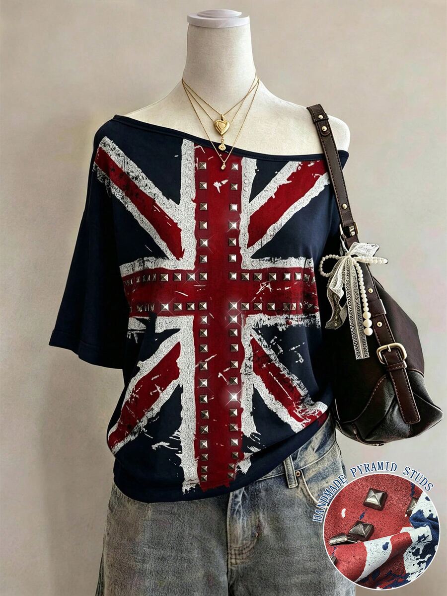 Lalippa Union Jack 印花鉚釘與珠飾裝飾時尚簡約女款圓領短袖T恤,送給朋友的禮物 - 藏蓝色 - 查看 1