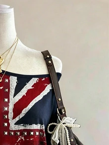Lalippa Union Jack 印花鉚釘與珠飾裝飾時尚簡約女款圓領短袖T恤，送給朋友的禮物 - 藏蓝色 - 查看 3