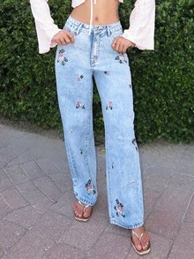 Luzma Cabello Luzma Cabello Floral Embroidery Casual Women Jeans - Blue - View 6