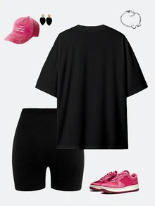 SHEIN 女士休闲时尚创意可爱粉色蝴蝶结字母图案印花短袖上衣和骑行短裤套装，秋季 - 彩色 - 查看 2