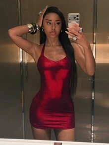 StreetHx Gaun Pendek Wanita Model Pesta dengan Hiasan Payet dan Tali Bahu Tipis. - Merah - View 3