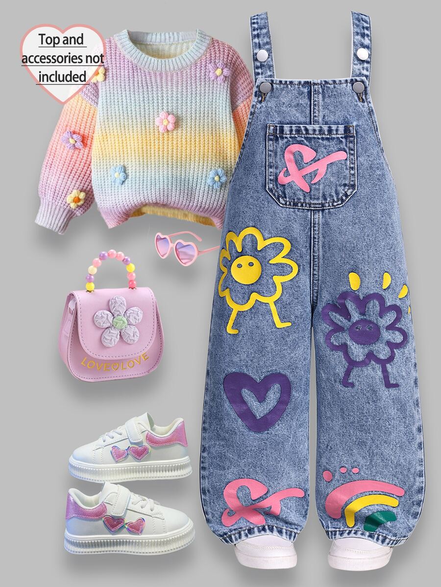 SHEIN ChillGRL 女童花朵愛心彩虹塗鴉印花休閒牛仔女牛仔軟藍色牛仔連身褲，牛仔吊帶褲，適合學校、夏季秋季 - 深色水洗藍 - 查看 1