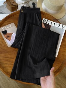 SHEIN Holidaya 女款休閒百搭純色寬腿長褲 - 黑色 - 查看 5