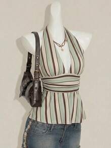SHEIN ICON Halter Neck Deep V-Neck Waist-Cinched A-Line Backless Old Money Style Tank Top - Multicolor - View 7