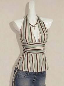 SHEIN ICON Halter Neck Deep V-Neck Waist-Cinched A-Line Backless Old Money Style Tank Top - Multicolor - View 6