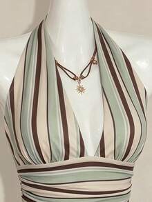 SHEIN ICON Halter Neck Deep V-Neck Waist-Cinched A-Line Backless Old Money Style Tank Top - Multicolor - View 5