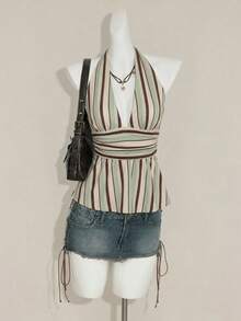 SHEIN ICON Halter Neck Deep V-Neck Waist-Cinched A-Line Backless Old Money Style Tank Top - Multicolor - View 4