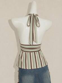 SHEIN ICON Halter Neck Deep V-Neck Waist-Cinched A-Line Backless Old Money Style Tank Top - Multicolor - View 2