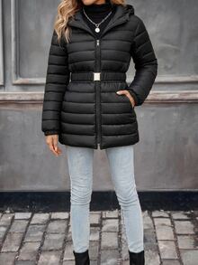 SHEIN 1件純色簡約百搭連帽鋪棉外套,抓絨,女童秋冬款絎縫長袖連帽外套,黑色收腰鋪棉外套 - 黑色 - 查看 6
