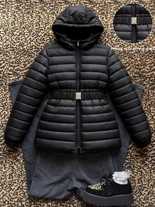 SHEIN 1件純色簡約百搭連帽鋪棉外套,抓絨,女童秋冬款絎縫長袖連帽外套,黑色收腰鋪棉外套 - 黑色 - 查看 4