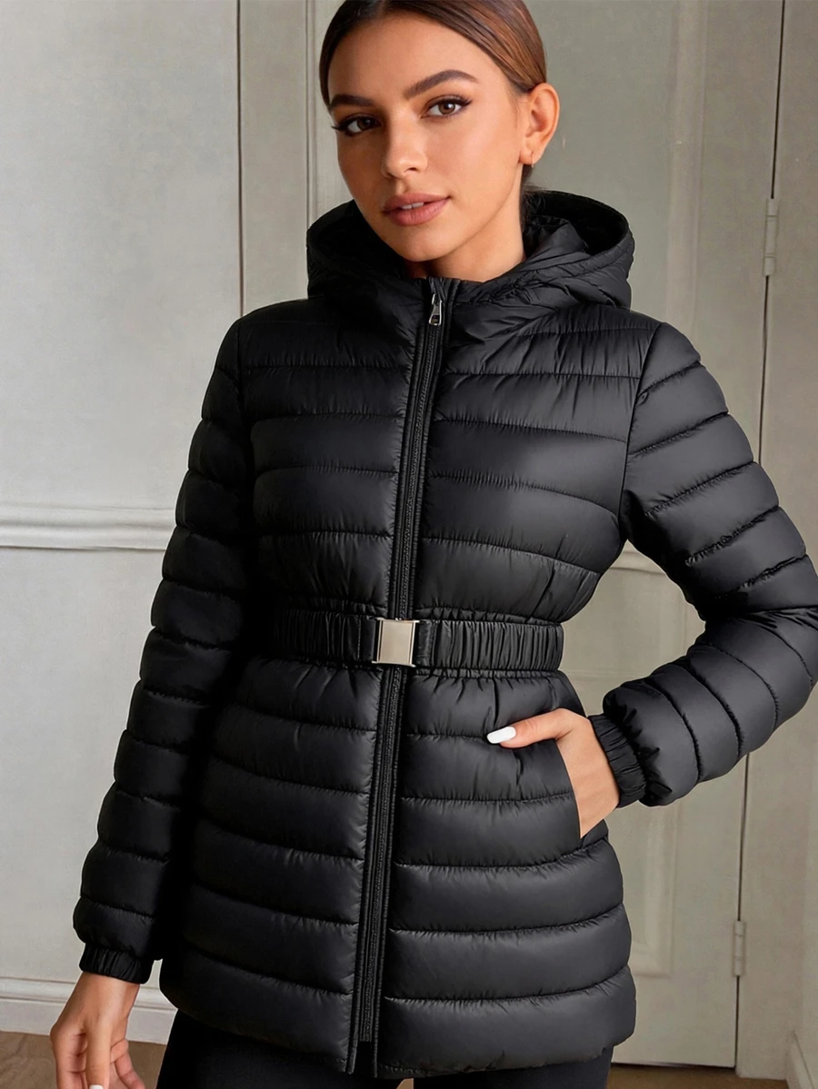 SHEIN 1件純色簡約百搭連帽鋪棉外套，抓絨，女童秋冬款絎縫長袖連帽外套，黑色收腰鋪棉外套